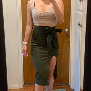 Naked Wardrobe Midi Skirt With Slit & Bow Size S